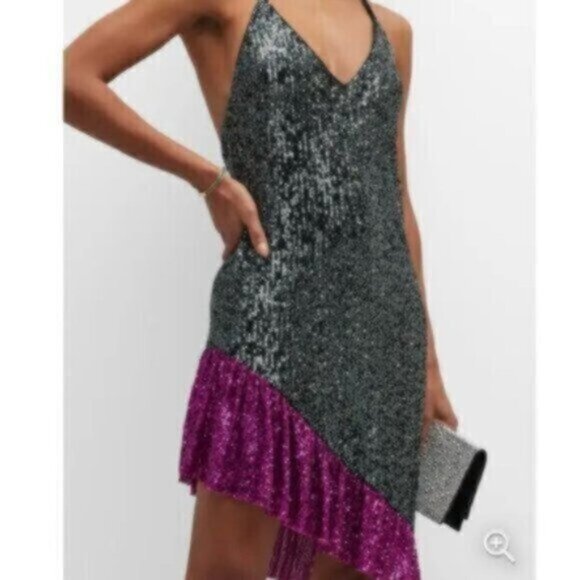 NWT One33 Social Black & Purple Sequin Colorblock Backless Halter Dress - Picture 3 of 13